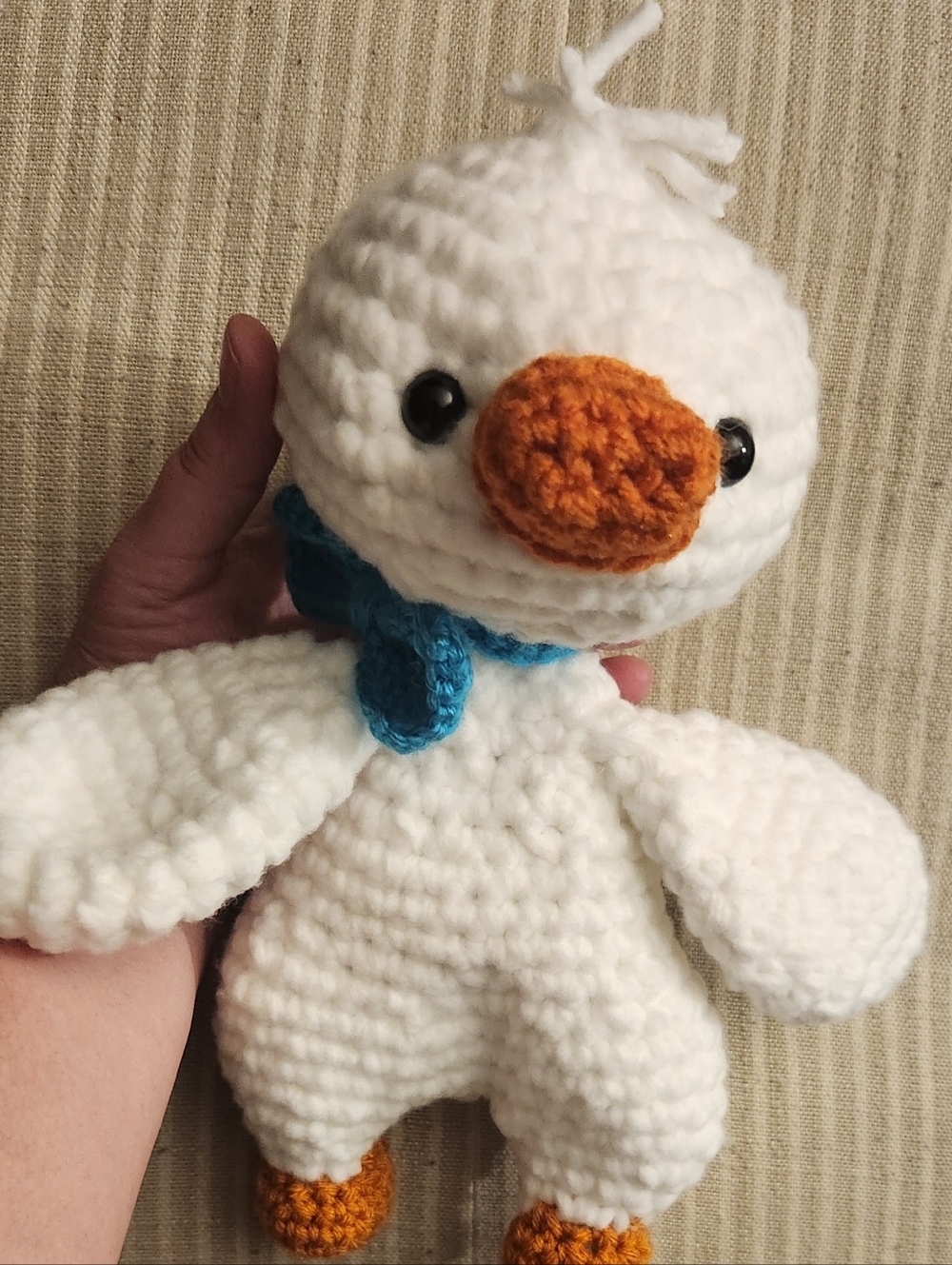 Handmade 10" White Crochet Duck Plush with Orange Beak and Blue Bow